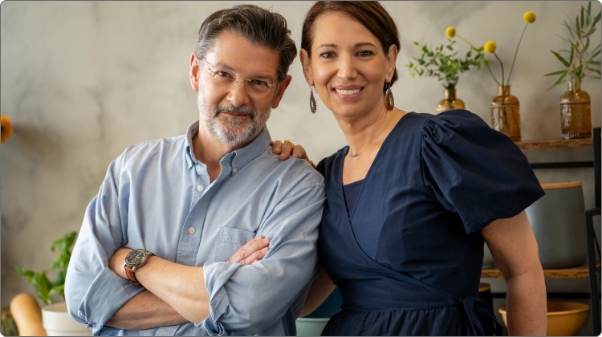 Trish, diagnosed with squamous cell carcinoma in her cheek, with her husband and caregiver, John.